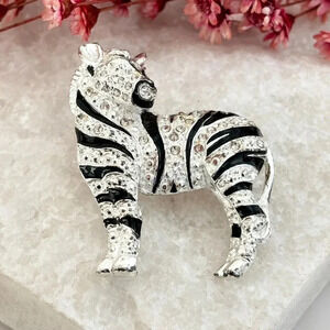 Roman Signed Silver Toned Black & White Striped Zebra Vintage XL Large Brooch